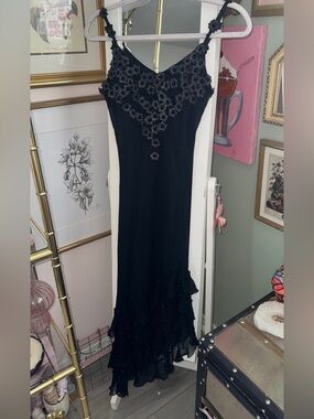 Cache Black Vintage Beaded Floral 100% Silk  Maxi Dress